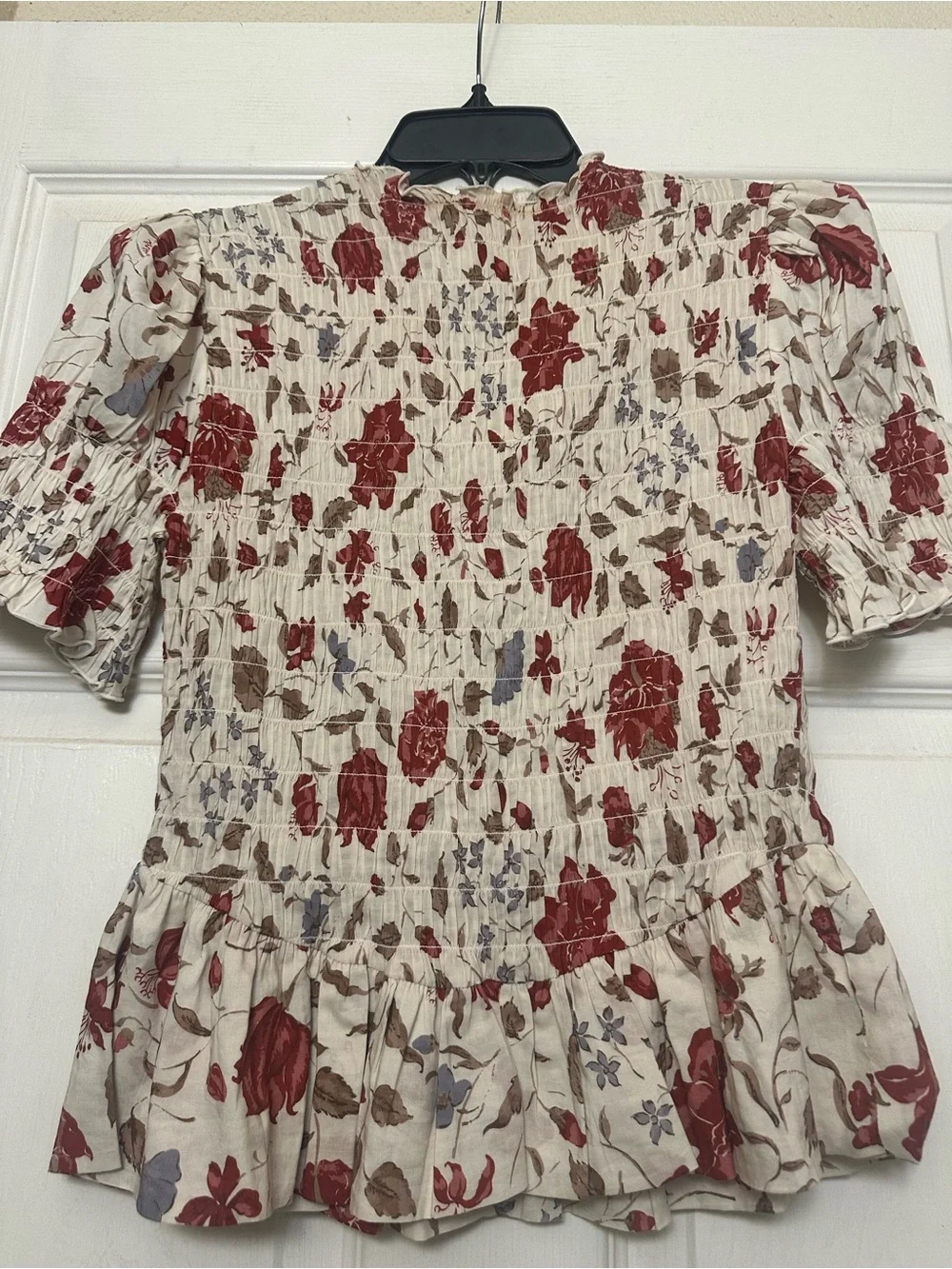 Smocked Peplum Floral Top in Cream and Red